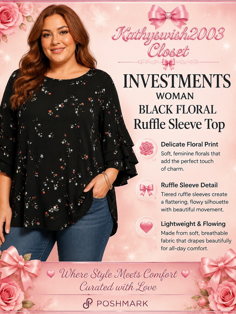 Investments Black Floral Layered-Sleeve Tunic
